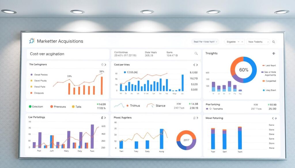 An elegant, data-driven marketing dashboard with a clean, modern interface. A detailed overview of cost per acquisition metrics, including key performance indicators, trends, and insights. The dashboard is illuminated by soft, directional lighting, creating a professional, analytical atmosphere. Sleek, minimalist design with clear data visualization, allowing for quick assessment of marketing effectiveness. Prominent charts, graphs, and statistics provide a comprehensive marketing audit analysis, informing strategic decisions.