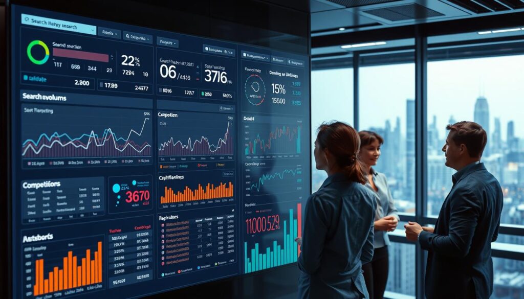 Detailed data visualization showcasing SEO keyword research analysis. Foreground features a modern digital dashboard with interactive charts, graphs, and tables displaying key SEO metrics such as search volume, competition, and keyword difficulty. Middle ground shows a team of digital marketers closely examining the data, gesturing and discussing insights. Background depicts a stylized cityscape, hinting at the broader competitive digital landscape. Lighting is clean and crisp, with a slightly cool tone. Camera angle is an elevated, three-quarter view to capture the full scope of the scene. The overall mood is one of professional analysis, strategic planning, and data-driven decision making.